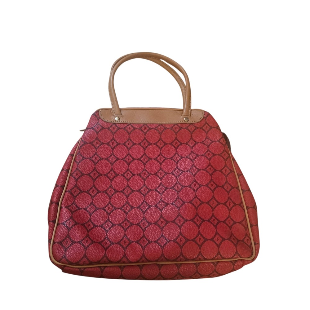 Fossil Signature Red & Tan Satchel Tote Bag – Monogram Logo Print – Leather Trim